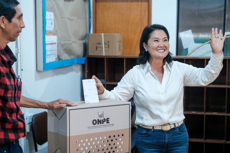 Peru’s presidential candidate Keiko Fujimori waves as she casts her vote at a polling station during the general election, in Lima, Peru April 12, 2026. Wilfredo Fernandez/Fuerza Popular/Handout via REUTERS