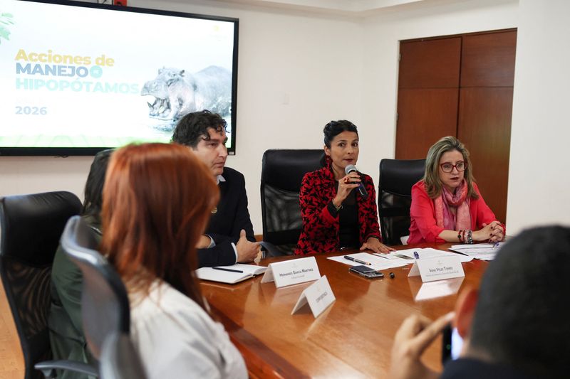 Colombian Environment Minister Irene Velez speaks during a press conference about the measures the Colombian government will take to curb the reproduction of hippos in the country, in Bogota, Colombia, April 13, 2026. REUTERS/Luisa Gonzalez