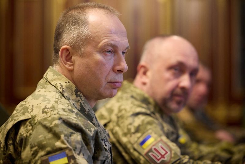 Commander in Chief of the Ukrainian Armed Forces Colonel General Oleksandr Syrskyi attends a meeting with Ukraine's President Volodymyr Zelenskiy in Kyiv, Ukraine, February 10, 2024. Ukrainian Presidential Press Service/Handout via REUTERS
