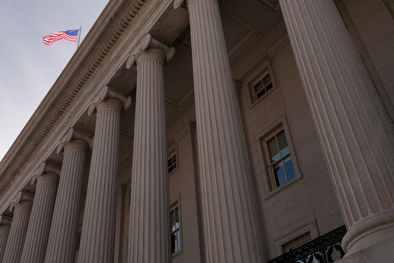 FILE PHOTO: A general view of the U.S. Department Of The Treasury on day two of a partial government shutdown in Washington, D.C., U.S., February 1, 2026. REUTERS/Ken Cedeno/File Photo/File Photo