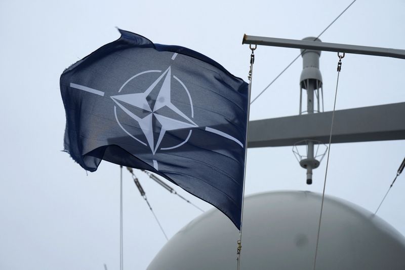 NATO flag flutters on their flagship frigate Tromp, which is part of the Baltic Sentry 2025 mission to increase NATO's presence in the Baltic Sea and enhance the security of underwater critical infrastructure, in Tallinn port, Estonia January 17, 2025. REUTERS/Ints Kalnins