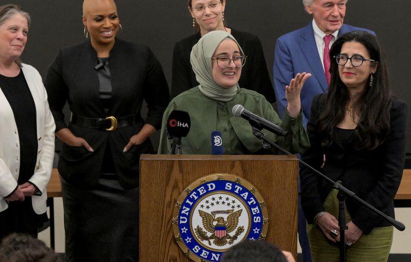 FILE PHOTO: Tufts University student Rumeysa Ozturk, of Turkey, speaks at a press conference at Boston Logan International Airport after she was released on a judge's order after spending over six weeks in an immigration detention center in Louisiana, in Boston, Massachusetts, U.S. May 10, 2025.  REUTERS/Faith Ninvaggi/File Photo