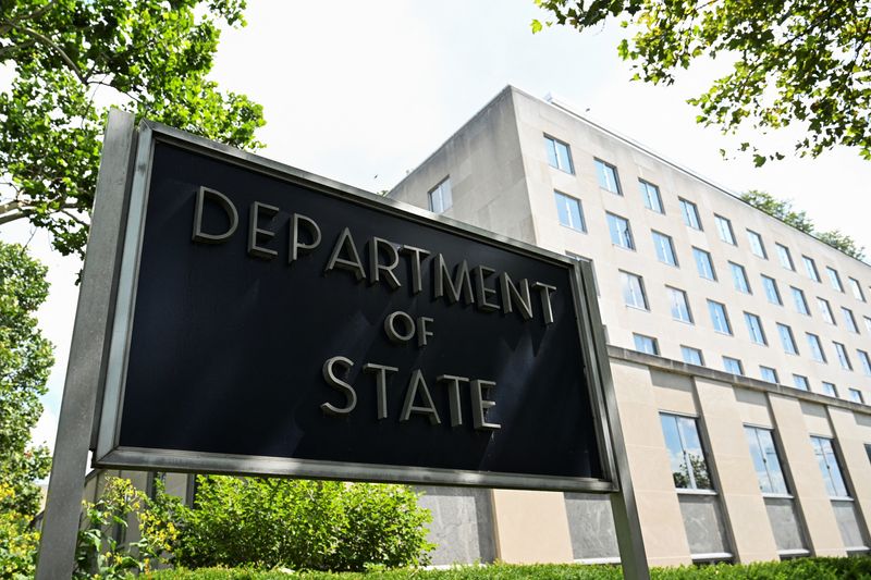 A general view of a U.S. State Department sign outside the U.S. State Department building in Washington, D.C., U.S., July 11, 2025. REUTERS/Annabelle Gordon