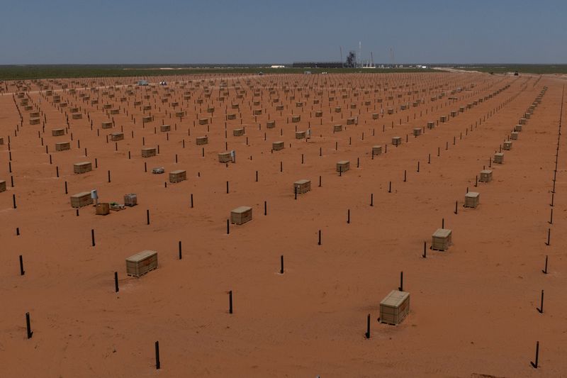 A drone view of the Stratos Direct Air Capture Facility (DAC), a joint venture between Occidental Petroleum (OXY) and asset manager BlackRock, is seen in Ector County, Texas, U.S., July 28, 2024.  REUTERS/Adrees Latif