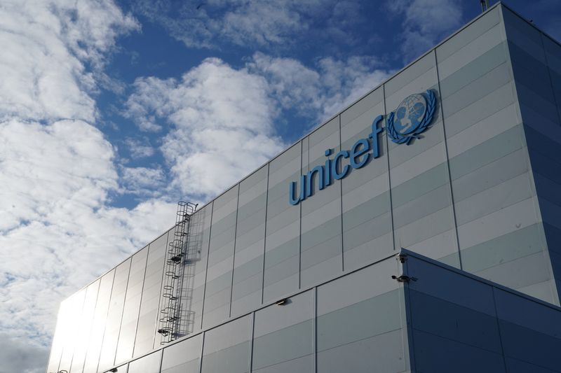 FILE PHOTO: A view shows the logo on the exterior of UNICEF's humanitarian warehouse in Copenhagen, Denmark, November 15, 2023. REUTERS/Tom Little/ File Photo