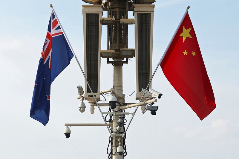 FILE PHOTO: Flags of New Zealand and China flutter near the Tiananmen Gate during New Zealand Prime Minister Christopher Luxon's visit, in Beijing, China June 19, 2025. REUTERS/Florence Lo/File Photo
