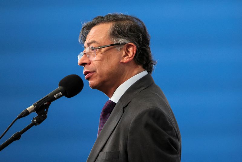 Colombia's President Gustavo Petro speaks to the press as he arrives at the summit "In defence of democracy" in Barcelona, Spain, April 18, 2026. REUTERS/Nacho Doce