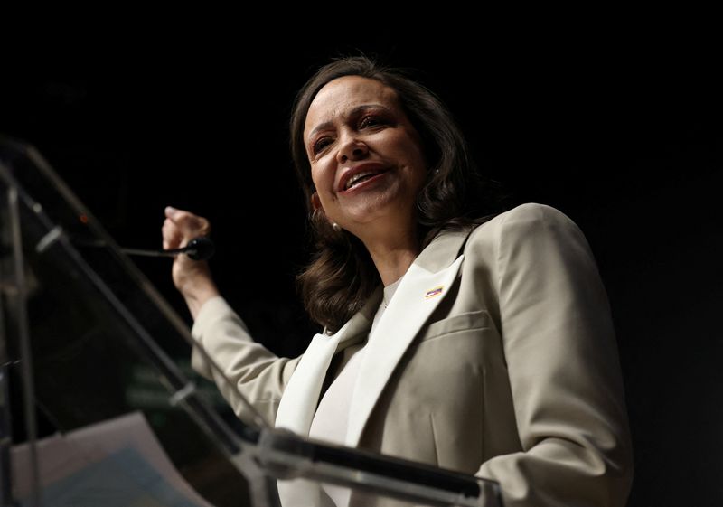 Venezuela's opposition leader Maria Corina Machado gestures during a press conference, as part of her visit to Spain, in Madrid, Spain, April 18, 2026. REUTERS/Isabel Infantes