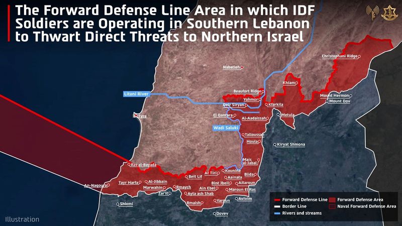 A handout graphic of a map, according to the Israeli military, shows the Forward Defense Line and the area in which they are operating in southern Lebanon, published on April 19, 2026. Israel Defence Forces/Handout via REUTERS