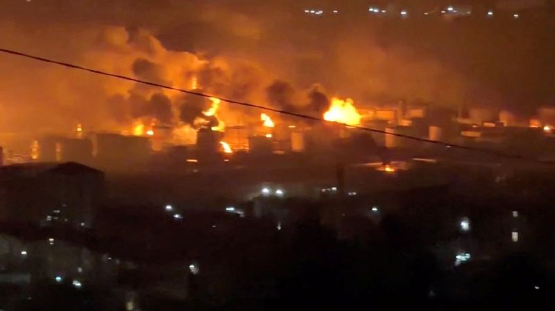 Fire and smoke rise at the Tuapse oil refinery near the Tuapse port, following a Ukrainian drone attack, according to Russian officials, in Tuapse, Krasnodar Krai, Russia, in this screengrab obtained from a social media video released on April 20, 2026. SOCIAL MEDIA/via REUTERS
