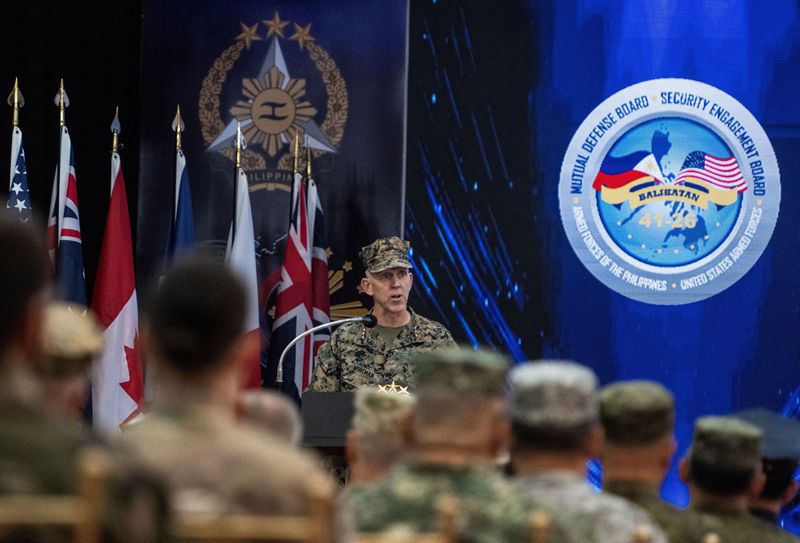 I Marine Expeditionary Force (I MEF) Commanding General and U.S. Marine Corps Lieutenant General Christian Wortman speaks during the opening ceremony of the U.S.-Philippines "Balikatan" joint military exercises at Camp Aguinaldo in Quezon City, Metro Manila, Philippines, April 20, 2026. REUTERS/Noel Celis