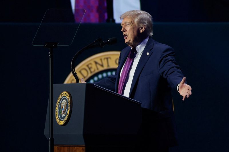 U.S. President Donald Trump speaks during a Turning Point USA event at Dream City Church in Phoenix, Arizona, U.S., April 17, 2026. REUTERS/Evan Vucci