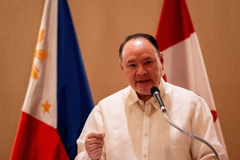 Philippine Defence Minister Gilberto Teodoro Jr speaks during a joint press conference with his Canadian counterpart David McGuinty in Makati City, Metro Manila, Philippines, November 2, 2025. REUTERS/Lisa Marie David