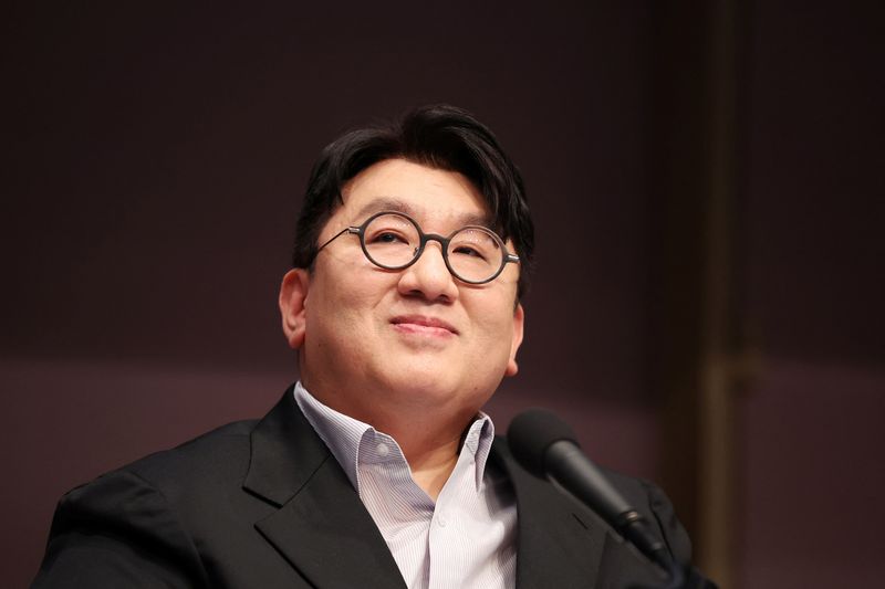 Bang Si-hyuk, Chairman of HYBE, speaks during a debate hosted by the Kwanhun club, in Seoul, South Korea, March 15, 2023.   REUTERS/Kim Hong-Ji