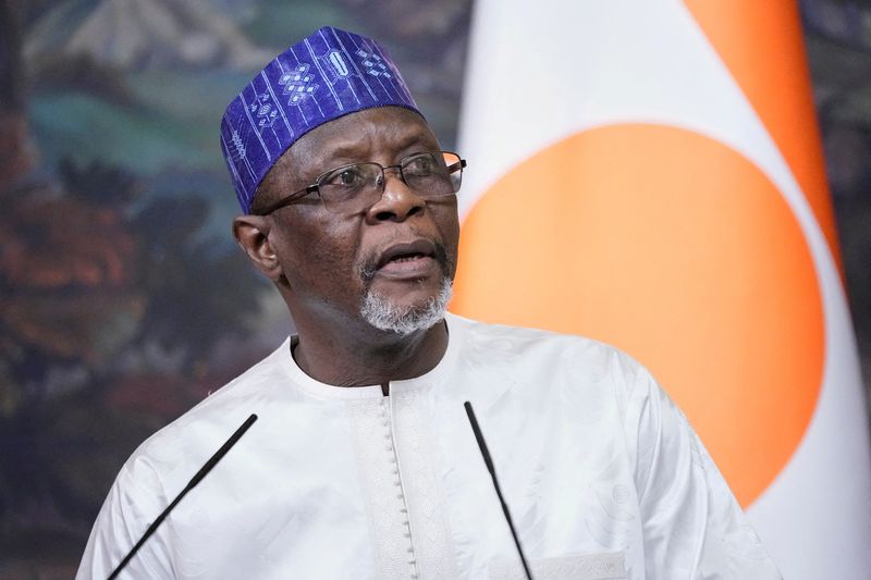 FILE PHOTO: Niger Foreign Minister Bakary Yaou Sangare attends a joint news conference following a meeting of Russian foreign Minister Sergey Lavrov with foreign Ministers of the Confederation of Sahel States in Moscow, Russia, Thursday, April 3, 2025.     Pavel Bednyakov/Pool via REUTERS/File Photo