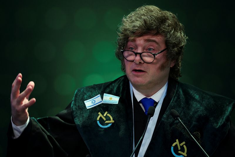 Argentina's President Javier Milei receives an honorary doctorate from Bar-Ilan University, which they say is in recognition of Milei's longstanding partnership with Israel and his fight against antisemitism, in Ramat Gan, Israel April 20, 2026. REUTERS/Florion Goga