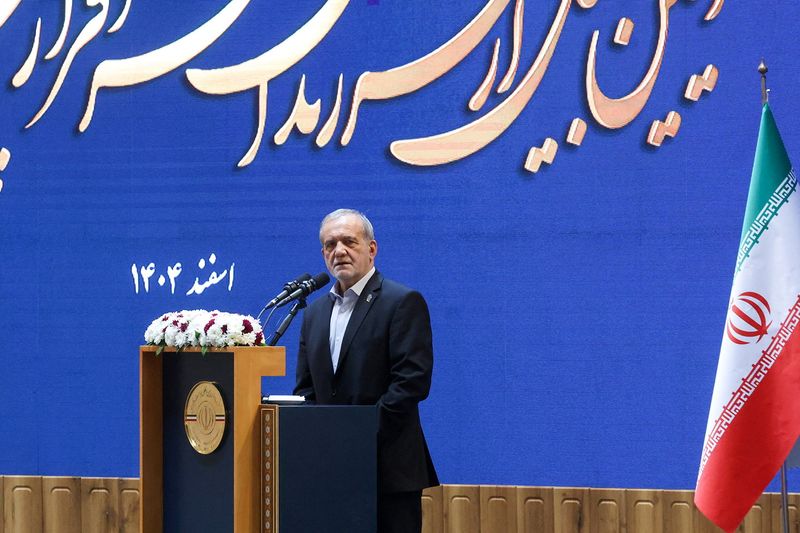 Iranian President Masoud Pezeshkian speaks during a meeting in Tehran, Iran, February 21, 2026. Iran's Presidential website/WANA (West Asia News Agency)/Handout via REUTERS