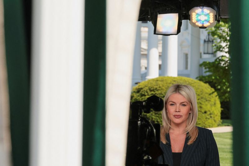 White House Press Secretary Karoline Leavitt attends a Fox News interview on the day of her press conference at the White House in Washington, D.C., U.S., April 22, 2026. REUTERS/Kylie Cooper