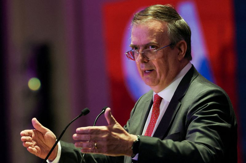 FILE PHOTO: Mexico's Economy Minister Marcelo Ebrard speaks as he and Canada's Minister responsible for Canada–U.S. Trade and Intergovernmental Affairs and One Canadian Economy, Dominic LeBlanc (not pictured), attend the kickoff of the Team Canada Trade Mission to Mexico at a hotel in Mexico City, Mexico, February 16, 2026. REUTERS/Henry Romero/File Photo