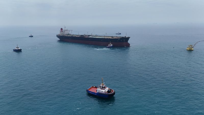 Drone view of oil tanker HELGA berthed at one of Iraq's southern offshore oil terminals near Basra as it prepares to load crude oil, becoming the second vessel to arrive since the closure of the Strait of Hormuz, April 24, 2026. REUTERS/Mohammed Aty
