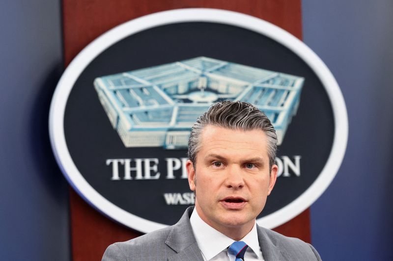 U.S. Secretary of Defense Pete Hegseth speaks during a briefing on the Iran war, amid a ceasefire between the U.S. and Iran, at the Pentagon in Washington, D.C., U.S., April 24, 2026. REUTERS/Kevin Lamarque