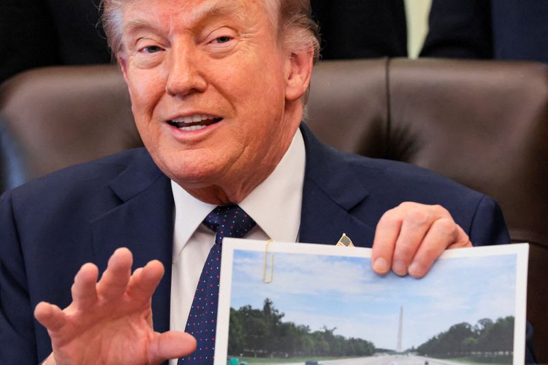U.S. President Donald Trump shows an image as he speaks about renovations at the Lincoln Memorial Reflecting Pool during a healthcare affordability event in the Oval Office at the White House in Washington, D.C., U.S., April 23, 2026. REUTERS/Kylie Cooper