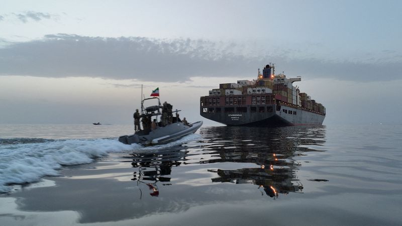 The Epaminondas ship is seen during seizure by the Islamic Revolutionary Guard Corps (IRGC) in the Strait of Hormuz, Iran, in this image obtained by Reuters on April 24, 2026. Meysam Mirzadeh/Tasnim/WANA (West Asia News Agency) via REUTERS