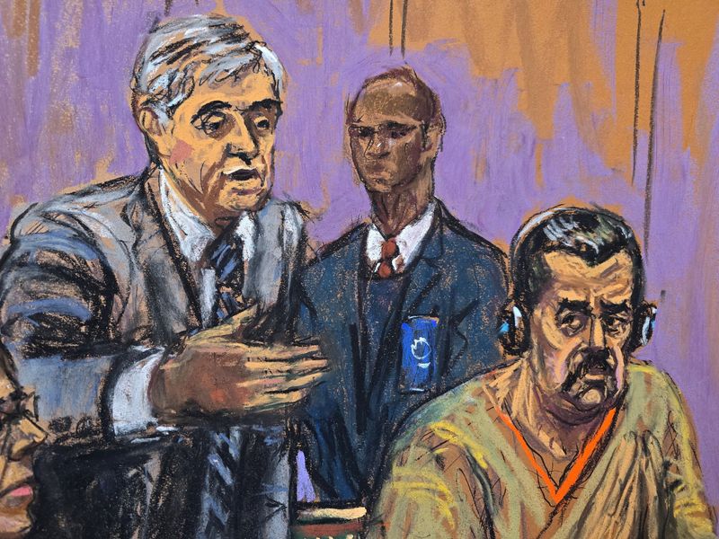 Ousted Venezuelan President Nicolas Maduro with his lawyer, Barry Pollack, attend a hearing in a narco-terrorism case accusing him of running a cartel of Venezuelan officials that flooded the U.S. with cocaine, at the Daniel Patrick Moynihan United States Court House in New York City, U.S., March 26, 2026 in this courtroom sketch.   REUTERS/Jane Rosenberg