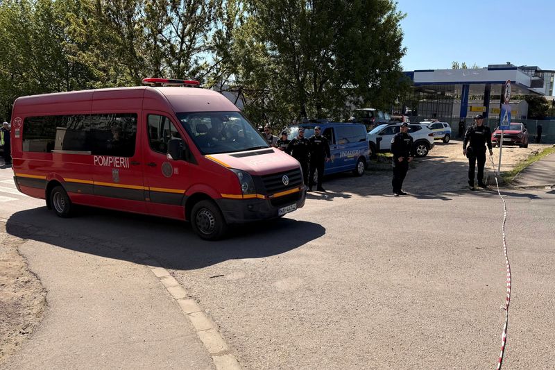 Police cordon off an area that was evacuated following the crash of a Russian drone in Galati, Romania, April 25, 2026. Inquam Photos via REUTERS