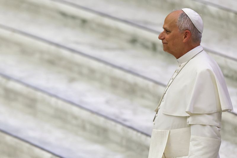 Pope Leo XIV looks on as he meets with Catholic religious education teachers attending a national meeting organised by the Italian Bishops’ Conference (CEI), in the Paul VI Hall at the Vatican, April 25, 2026. REUTERS/Yara Nardi