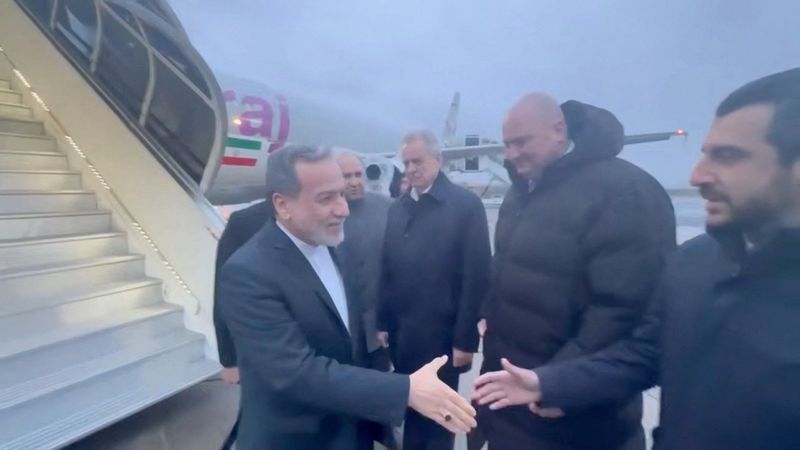 Iran's Foreign Affairs Minister Abbas Araqchi is greeted by officials, according to Iran's media, during his visit to Russia for talks with Russian President Vladimir Putin, in a place given as St. Petersburg, Russia, in this screenshot from a video released on April 27, 2026. Seyed Abbas Araghchi via Telegram/Handout via REUTERS