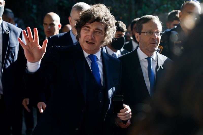 Argentina's President Javier Milei walks with Israel's President Isaac Herzog, in Jerusalem April 20, 2026. REUTERS/Amir Cohen