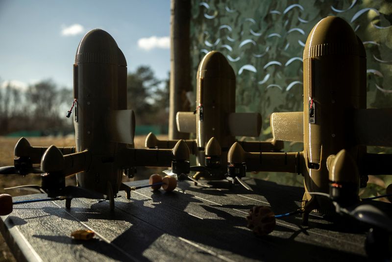 Sting interceptor drones by the Ukrainian company Wild Hornets stand by for use at an undisclosed location in Ukraine, March 16, 2026. REUTERS/Thomas Peter