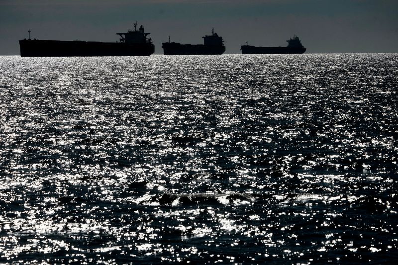 FILE PHOTO: Russia's shadow fleet vessels wait in the unofficial anchorage area in the Gulf of Finland near Vaindloo, Estonia April 10, 2026. REUTERS/Ints Kalnins/File Photo