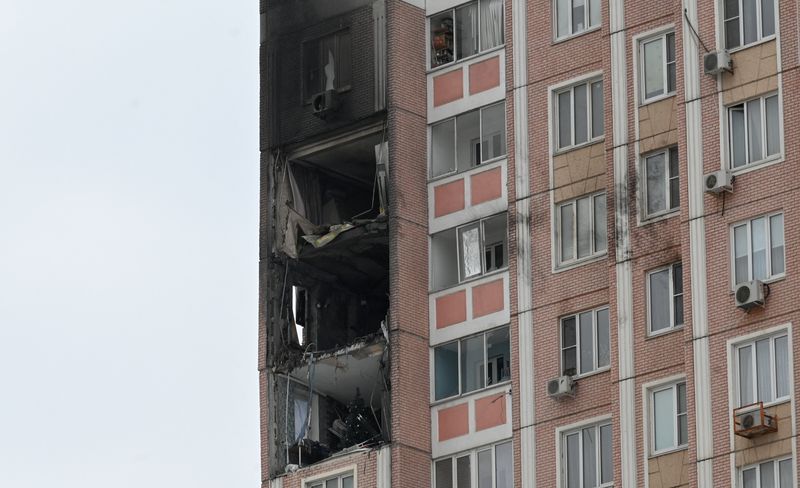 A multi-storey apartment block that local authorities say was damaged by debris from downed Ukrainian drones during an attack on the region, amid the Russia-Ukraine military conflict in Rostov-on-Don, Russia, January 14, 2026. REUTERS/Stringer