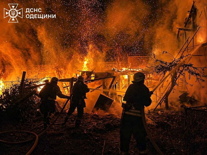 Firefighters work at a site of a Russian drone strike, amid Russia's attack on Ukraine, in Odesa region, Ukraine in this handout picture released April 29, 2026. Press service of the State Emergency Service of Ukraine in Odesa region/Handout via REUTERS