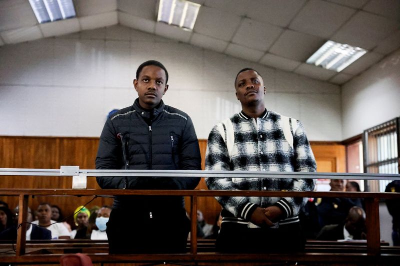 Bellarmine Chatunga Mugabe, the youngest son of Zimbabwe's former leader Robert Mugabe, and his co-accused Tobias Tampirepi Mugabe Matonhodze appear in court for sentencing on charges linked to the case of a shooting incident in Johannesburg earlier this year, at Alexandra Magistrates' Court in Johannesburg, South Africa, April 29, 2026. REUTERS/Oupa Nkosi