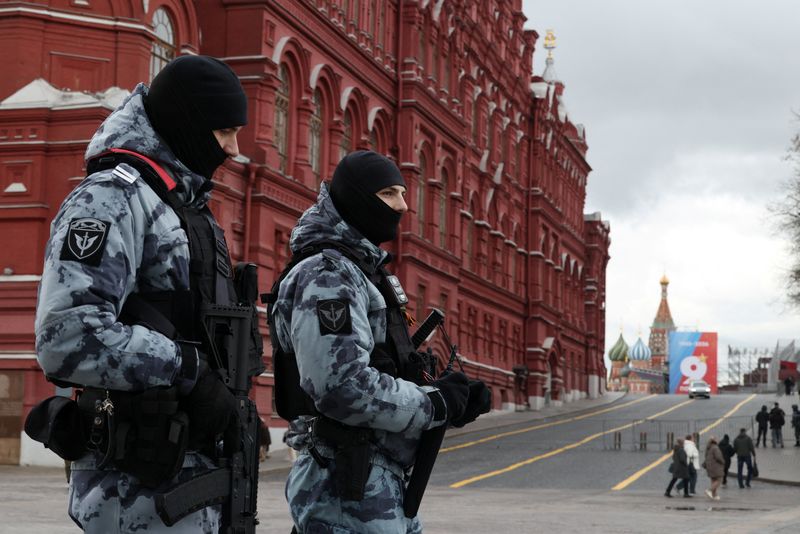 Members of the Russian National Guard (Rosgvardiya) patrol the area near Red Square, the venue for the upcoming Victory Day parade marking the anniversary of victory over Nazi Germany in World War Two, in central Moscow, Russia, April 29, 2026. REUTERS/Ramil Sitdikov