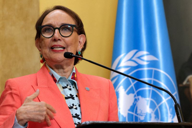 FILE PHOTO: Rebeca Grynspan, former Vice President of Costa Rica, speaks during a news conference where the government  announced her nomination  for United Nations secretary-general, in San Jose, Costa Rica, October 8, 2025. REUTERS/Mayela Lopez/File Photo