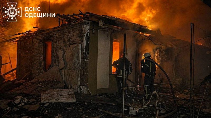 Firefighters work at a site of a Russian drone strike, amid Russia's attack on Ukraine, in Odesa region, Ukraine in this handout picture released April 29, 2026. Press service of the State Emergency Service of Ukraine in Odesa region/Handout via REUTERS
