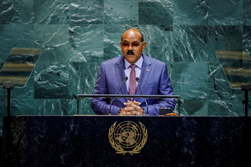 FILE PHOTO: Antigua and Barbuda’s Prime Minister Gaston Browne addresses the 80th United Nations General Assembly at U.N. headquarters in New York, U.S., September 26, 2025. REUTERS/Eduardo Munoz/File Photo