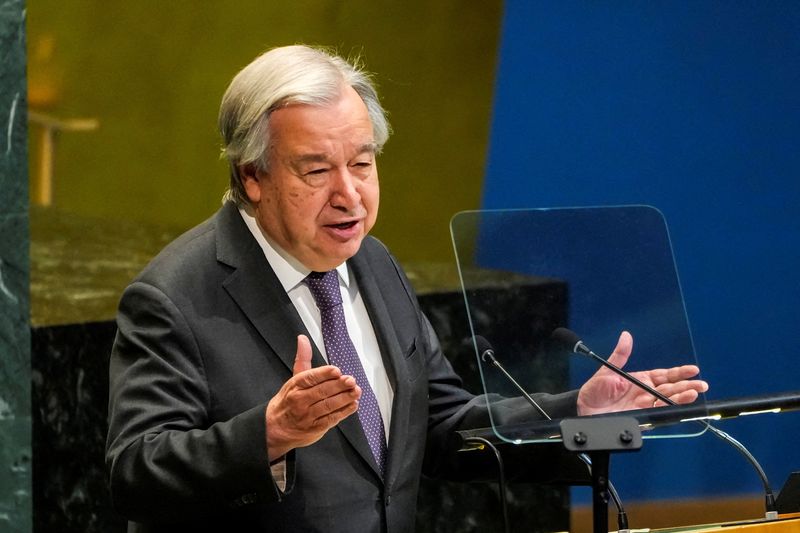 United Nations Secretary-General Antonio Guterres speaks to delegates during a meeting on Nuclear Non-Proliferation Treaty at U.N. headquarters in New York City, U.S., April 27, 2026.  REUTERS/Eduardo Munoz