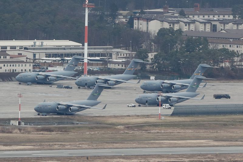 FILE PHOTO: U.S. Aircrafts are seen at the U.S. airbase in Ramstein, Germany February 4, 2022. REUTERS/Arnd Wiegmann/File Photo