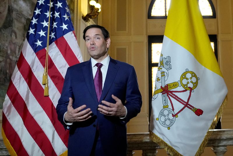 FILE PHOTO: Secretary of State Marco Rubio, speaks to the media during a meeting with President of the Conference of Italian Bishops, Cardinal Matteo Zuppi at the U.S. Embassy to the Holy See in Rome, Saturday, May 17, 2025. Gregorio Borgia/Pool via REUTERS/File Photo