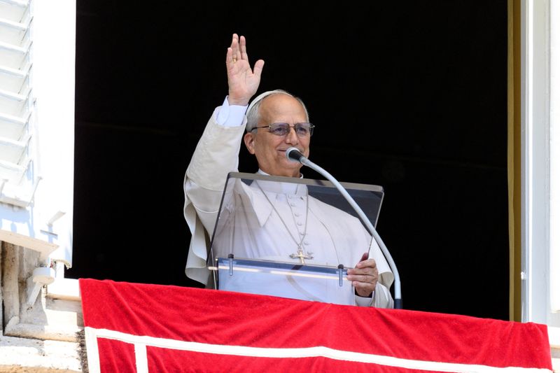 Pope Leo XIV leads the Angelus prayer from a window of the Apostolic Palace at the Vatican, May 3, 2026.   Vatican Media/Mario Tomassetti/Handout via REUTERS