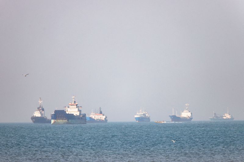 FILE PHOTO: Vessels in the Strait of Hormuz near Bandar Abbas, Iran, May 4, 2026. Amirhosein Khorgooi/ISNA/WANA (West Asia News Agency) via REUTERS/File Photo