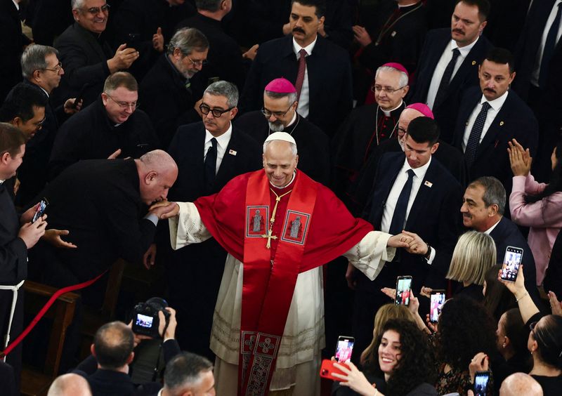 FILE PHOTO: Pope Leo XIV meets with bishops, priests, deacons, consecrated persons, seminarians and pastoral workers at the Catholic Cathedral of the Holy Spirit, known as the St. Esprit Cathedral, during his first apostolic journey, in Istanbul, Turkey, November 28, 2025. REUTERS/Yara Nardi/File Photo
