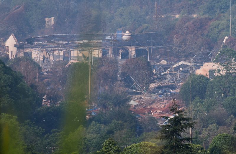 Rubble lies near damaged buildings after a blast at a fireworks manufacturing factory in Liuyang, Hunan province, China, May 6, 2026. REUTERS/Maxim Shemetov