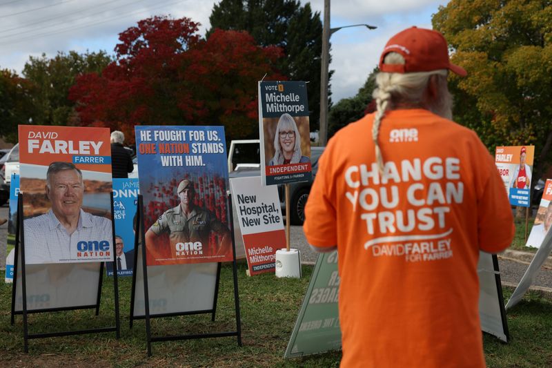 Campaign signs depicting One Nation candidate David Farley and former Australia soldier Ben Roberts-Smith are displayed outside a pre-polling centre ahead of the Farrer by-election in Albury, Australia, May 6, 2026. REUTERS/Hollie Adams