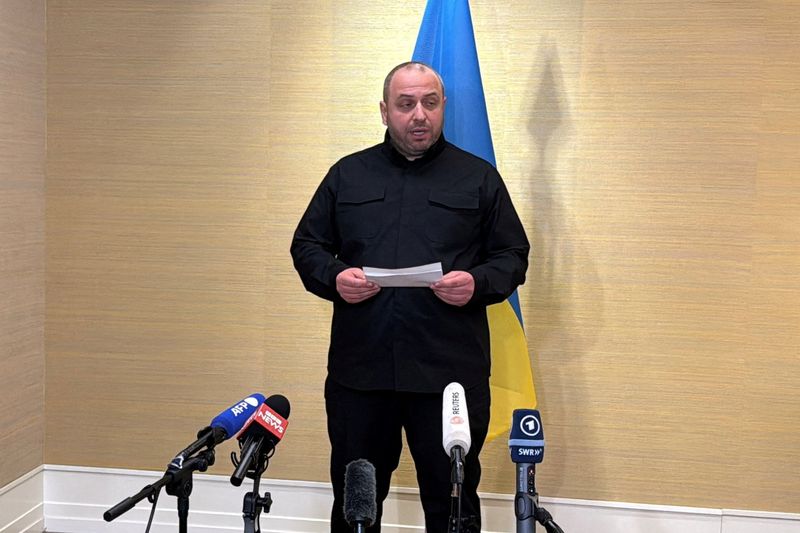 FILE PHOTO: Secretary of the National Security and Defence Council of Ukraine Rustem Umerov speaks to members of the media in Geneva, Switzerland, February 18, 2026.  REUTERS/Cecile Mantovani/File Photo